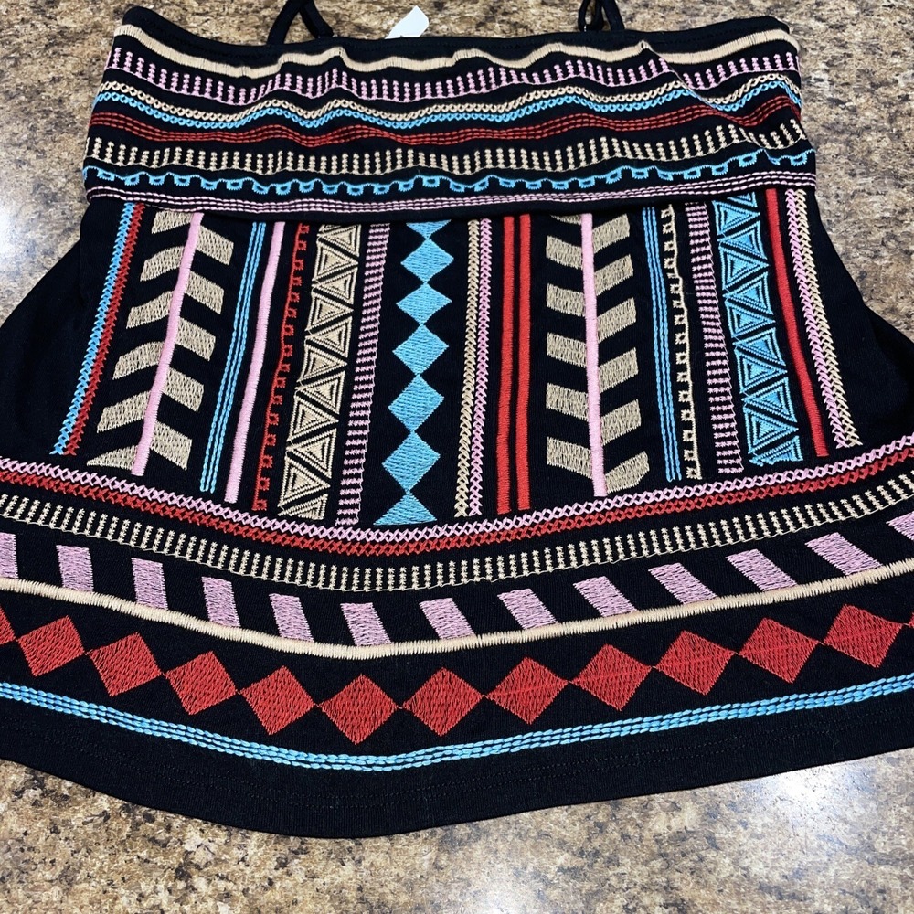 Savanna Jane Aztec Spaghetti Strap Tank Top Embroidered Boho Black Unique Sz SM - Picture 2 of 13